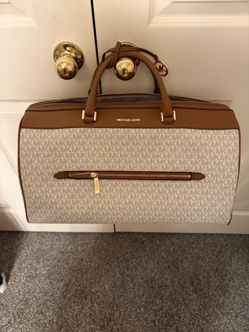 Michael Kors Cream Monogram & Brown Leather WEEKENDER BAG